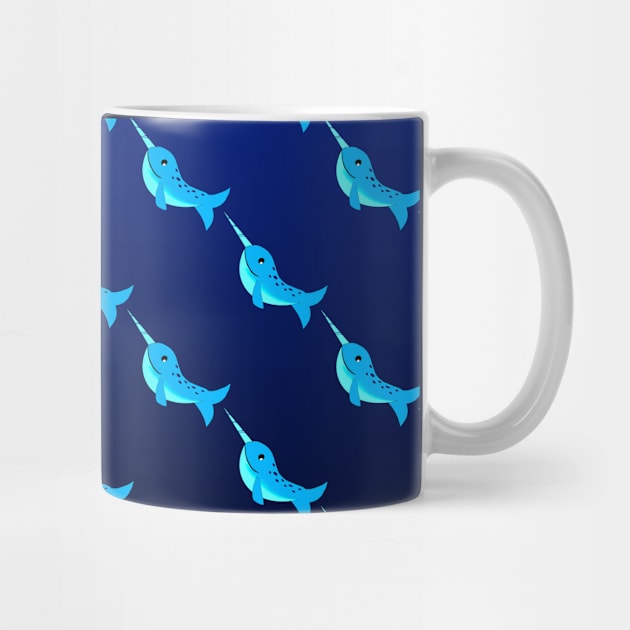 Cute Cartoon blue narwhal on dark navy blue background by galaxieartshop